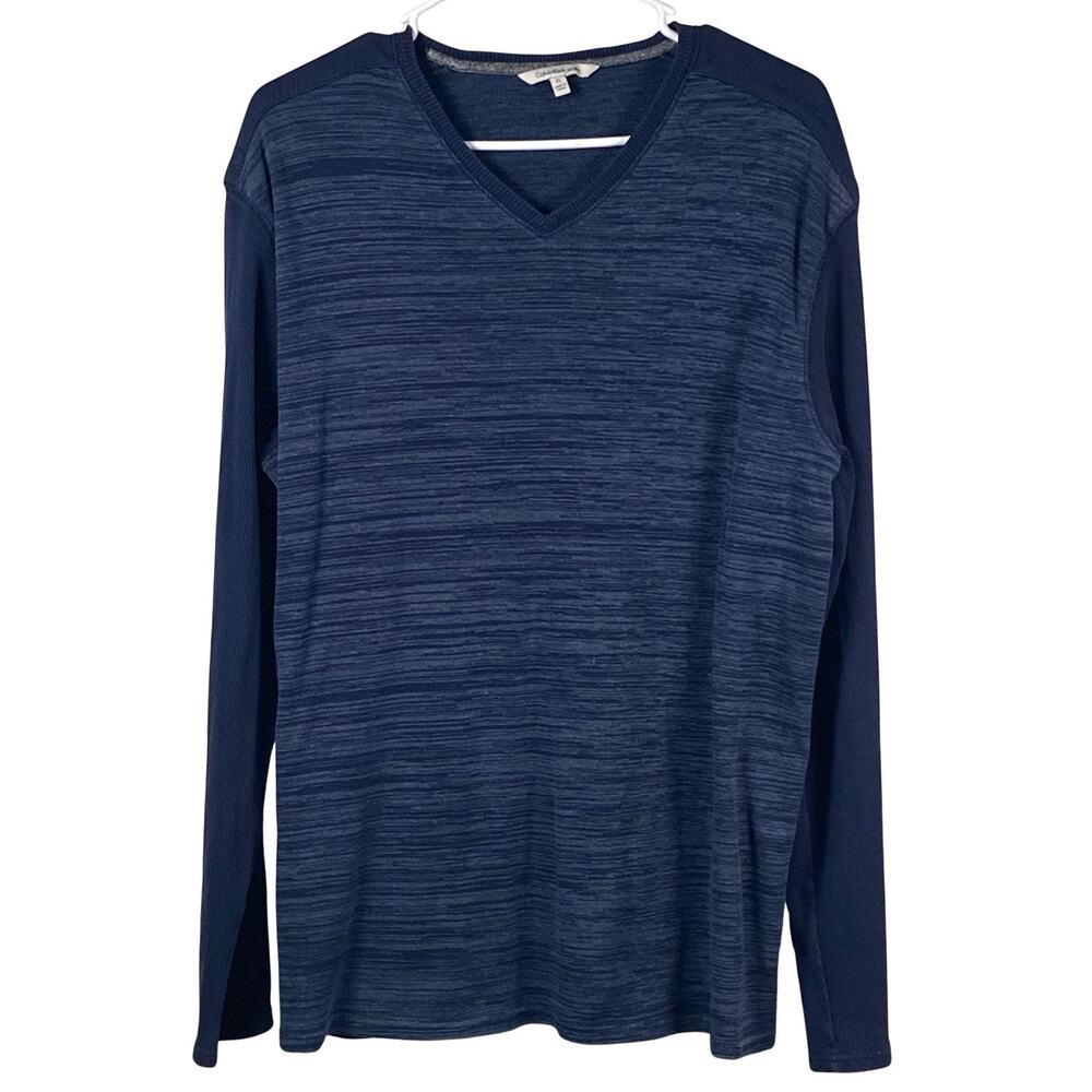 Calvin Klein Jeans Sweater Mens Size XL V-Neck Navy Heather Long Sleeve Logo